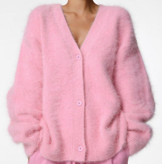 Pink Loose V-neck Button Cardigan