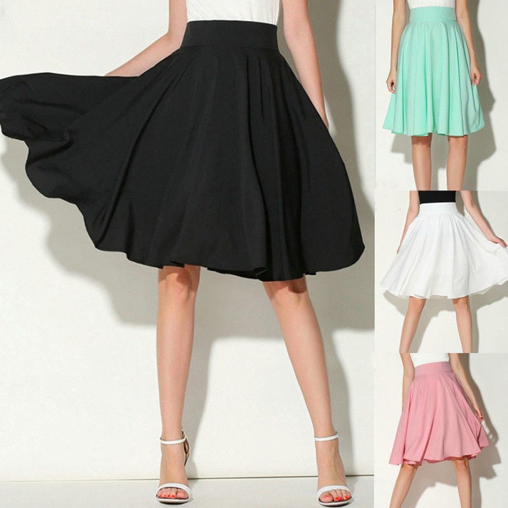 Solid Flared Knee Length Pleated Midi Skirt