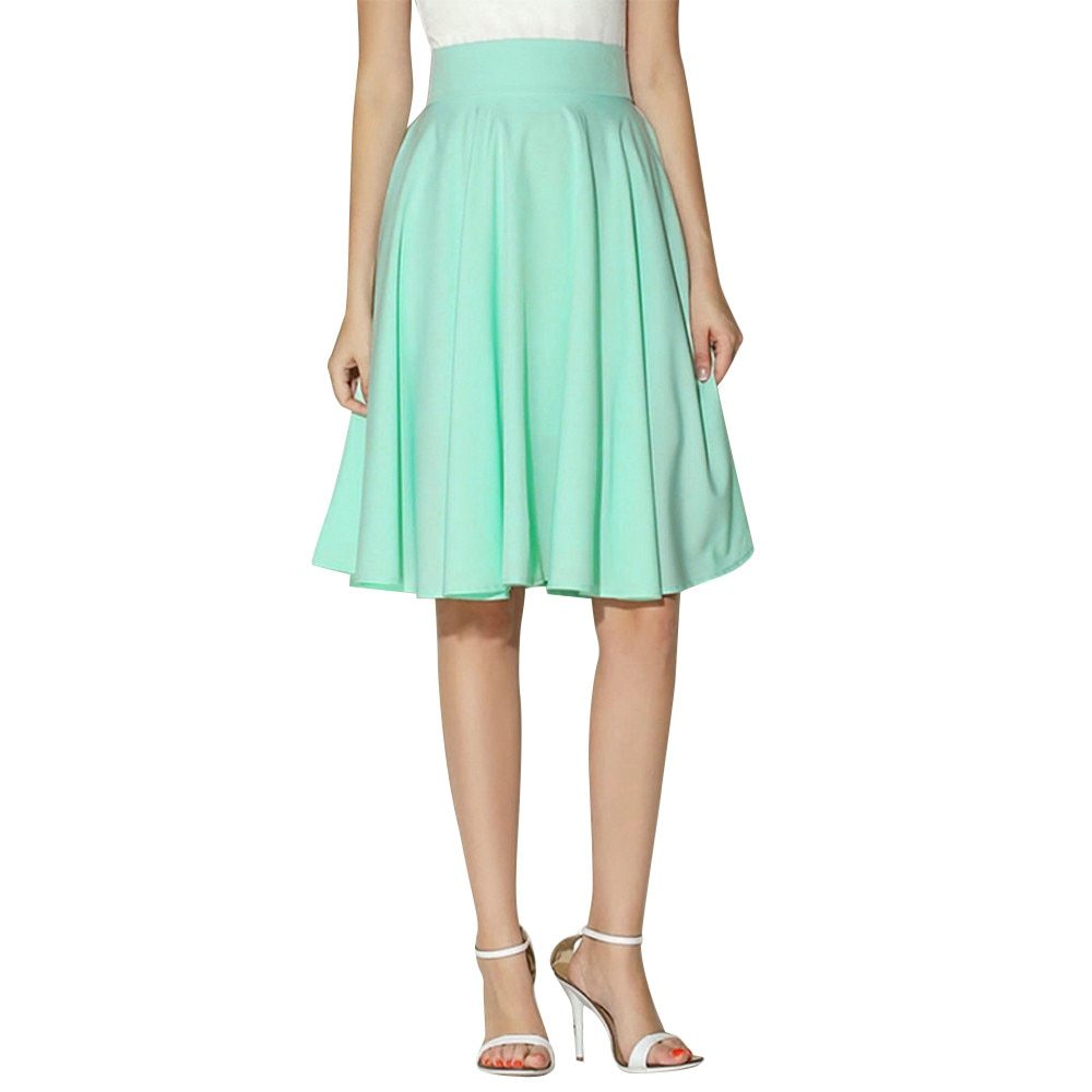 Solid Flared Knee Length Pleated Midi Skirt