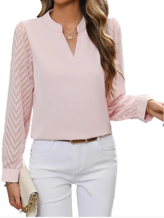 Maison Vivant Chiffon Patchwork Long Sleeve Solid Color And V-neck Shirt