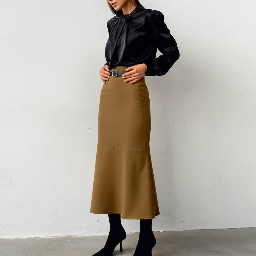 Retro Brown French Fishtail Skirt Temperament Drape