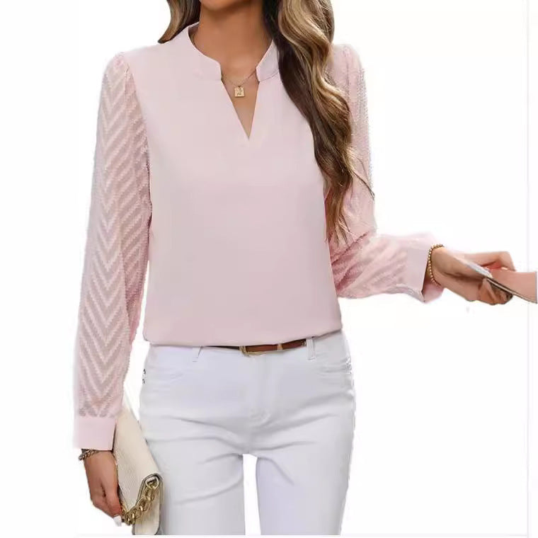 Maison Vivant Chiffon Patchwork Long Sleeve Solid Color And V-neck Shirt