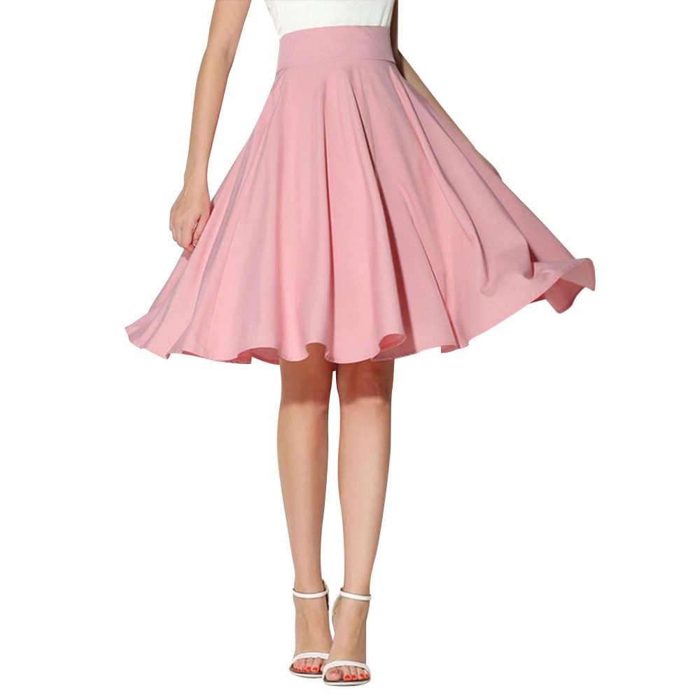 Solid Flared Knee Length Pleated Midi Skirt