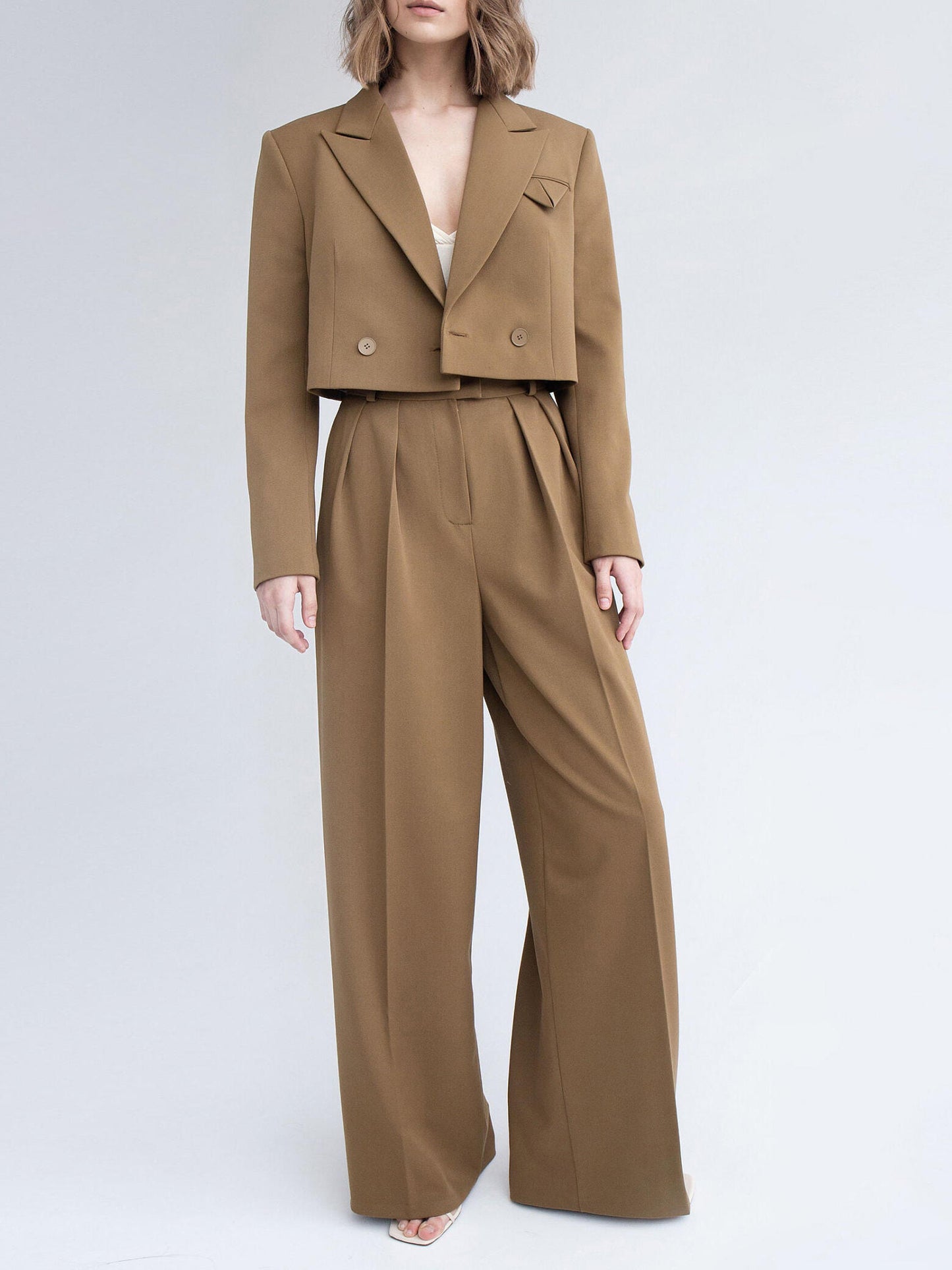 Maison Vivant Solid Color Short Blazer & High Waist Pants Set