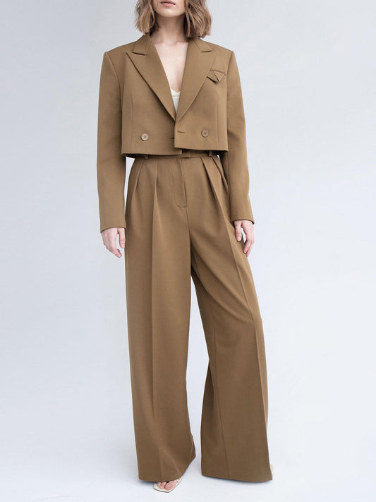 Maison Vivant Solid Color Short Blazer & High Waist Pants Set