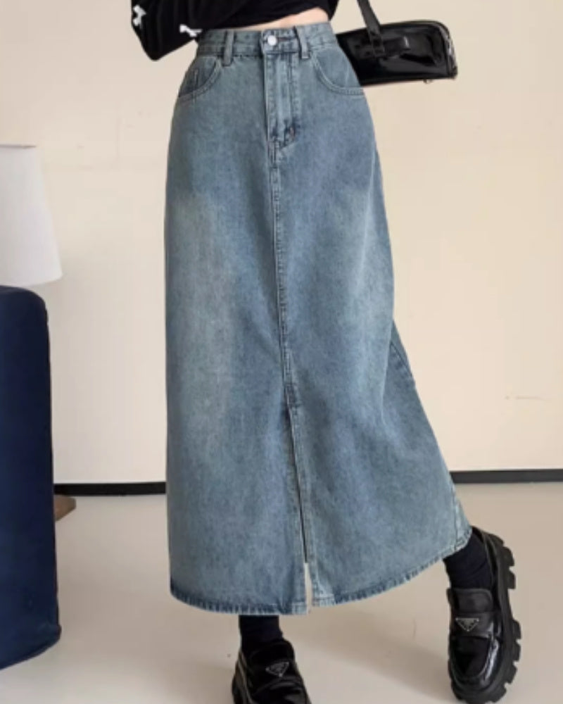 Thin Denim Mid Length Skirt