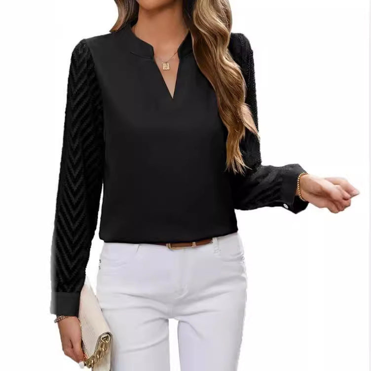 Maison Vivant Chiffon Patchwork Long Sleeve Solid Color And V-neck Shirt