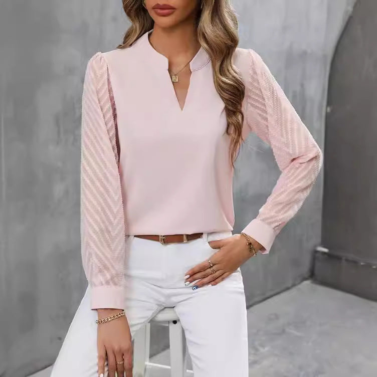 Maison Vivant Chiffon Patchwork Long Sleeve Solid Color And V-neck Shirt