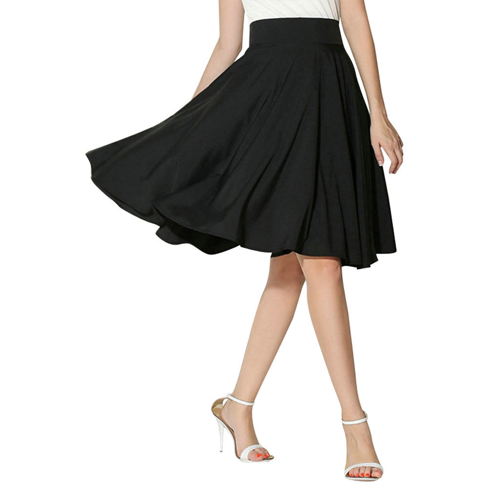 Solid Flared Knee Length Pleated Midi Skirt