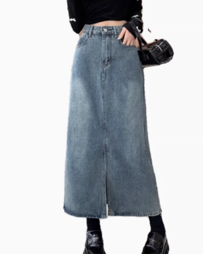 Thin Denim Mid Length Skirt