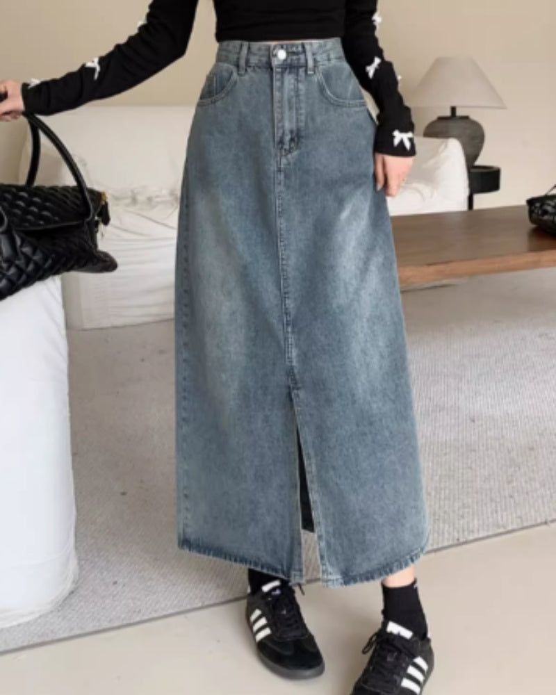 Thin Denim Mid Length Skirt