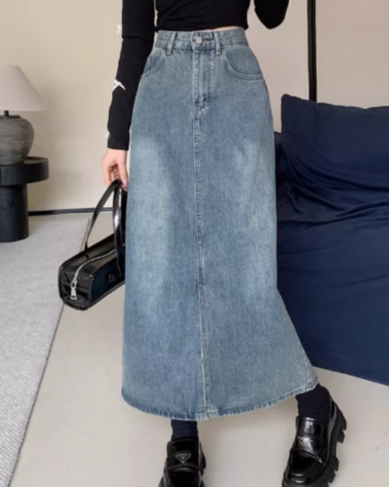 Thin Denim Mid Length Skirt