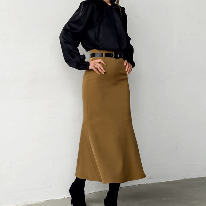 Retro Brown French Fishtail Skirt Temperament Drape