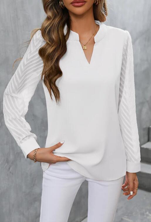 Maison Vivant Chiffon Patchwork Long Sleeve Solid Color And V-neck Shirt