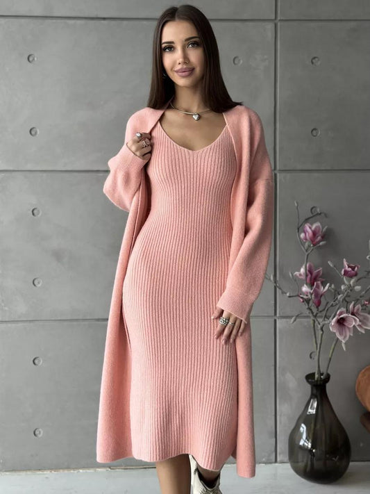 Maison Vivant 2pcs Knitted Sleeveless Dress And Loose Cardigan