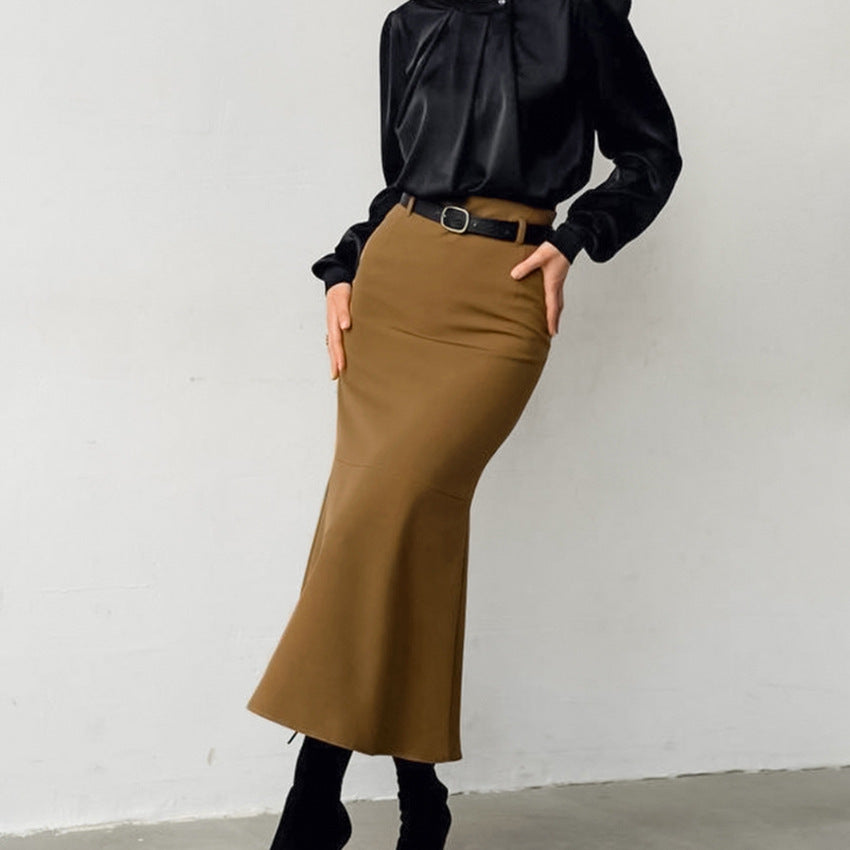 Retro Brown French Fishtail Skirt Temperament Drape