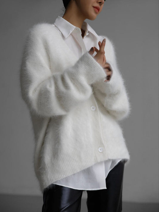 White Loose V-neck Button Cardigan