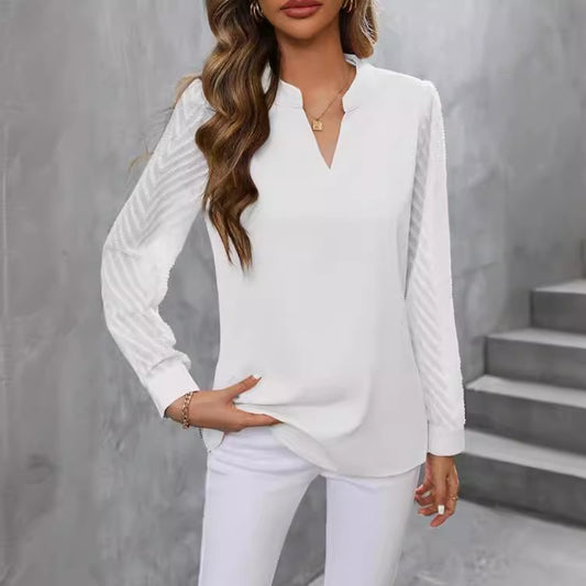 Maison Vivant Chiffon Patchwork Long Sleeve Solid Color And V-neck Shirt